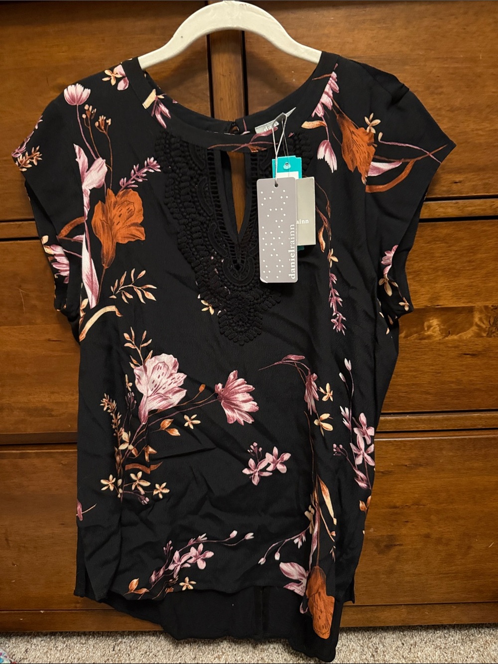 Daniel Rainn Black Floral Embroidered Yoke Blouse